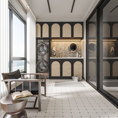 现代阳台 洗衣机 烘干机 壁挂洗衣机 洗手盆 隐藏式晾衣架 阳台梦幻帘