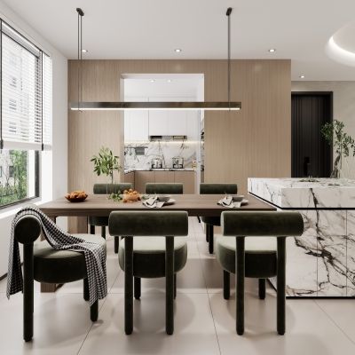 现代餐厅，餐厅，酒柜，入户，餐桌，厨房