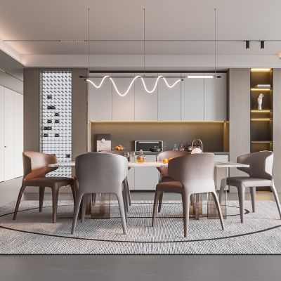 现代家居餐厅 餐桌椅组合 酒柜组合 吊灯 饰品