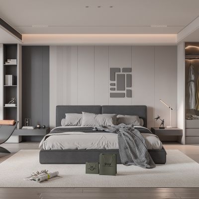 现代卧室 双人床 饰品 床头吊灯 造形吊顶 造型衣柜