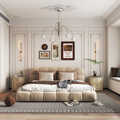 法式卧室，衣柜，吊灯，双人床，挂画组合，法式线条组合