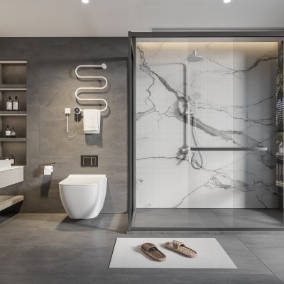  现代卫生间 马桶 浴室柜 洗脸盆 镜柜 玻璃隔断