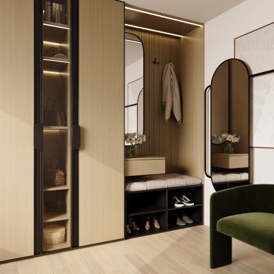 现代原木色玄关，全身镜，摆件