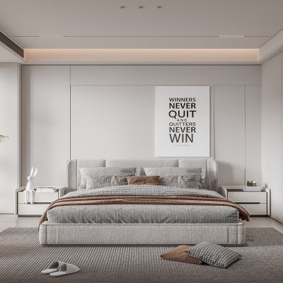 现代卧室 双人床 饰品 休闲椅 落地灯 无主灯造形吊顶 衣柜