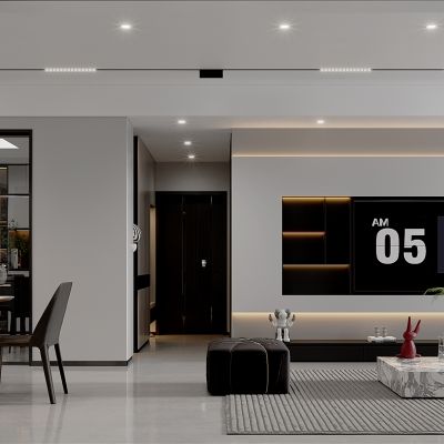 现代极简黑白灰客厅餐厅，沙发，餐桌，玄关柜，鞋柜,酒柜，装饰画，