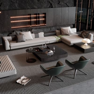 Minotti 现代灰色多人转角沙发茶几组合