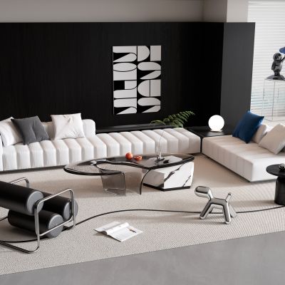 现代灰色多人转角沙发茶几组合
