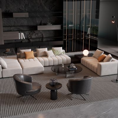 Minotti 现代灰色多人转角沙发茶几组合