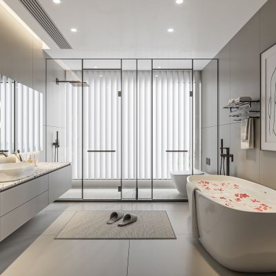 现代卫生间 马桶 浴室柜 洗脸盆 智能镜 浴缸 玻璃隔断