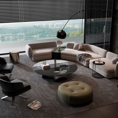 现代灰色多人转角沙发茶几组合