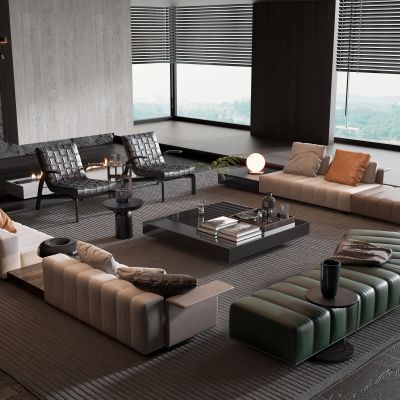 Minotti 现代灰色多人沙发茶几组合