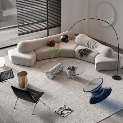 现代灰色多人转角沙发茶几组合