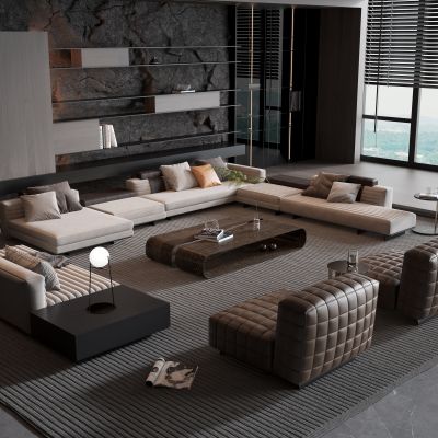 Minotti 现代灰色多人转角沙发茶几组合