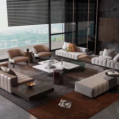 Minotti 现代灰色多人沙发茶几组合