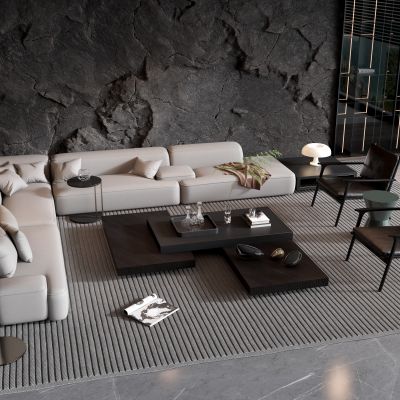 现代灰色多人转角沙发茶几组合