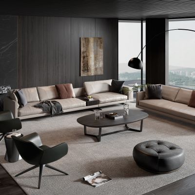 现代Poliform灰色多人沙发茶几组合