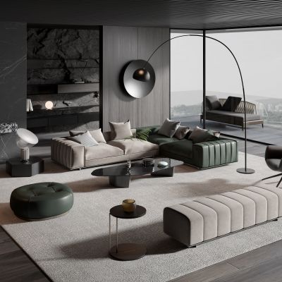 Minotti 现代灰色多人转角沙发茶几组合