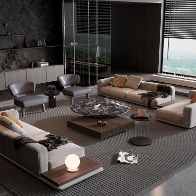 Minotti 现代灰色多人转角沙发茶几组合