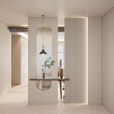 北欧奶油风雕花玻璃隔断玄关