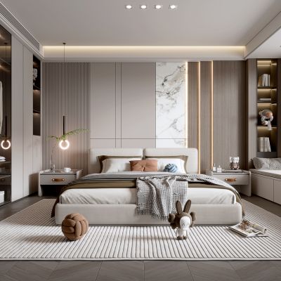 现代家居卧室 简约卧室 双人床 衣柜 主卧 床头柜 轻奢 奶油风