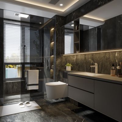 现代卫生间 马桶 浴室柜 洗脸盆 智能镜柜  玻璃隔断