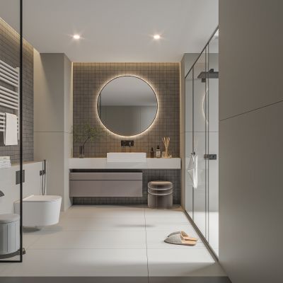 现代卫生间 马桶 浴室柜 洗脸盆 智能镜 玻璃隔断