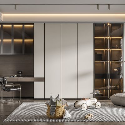 现代书房 书柜 书桌 椅子 装饰品 