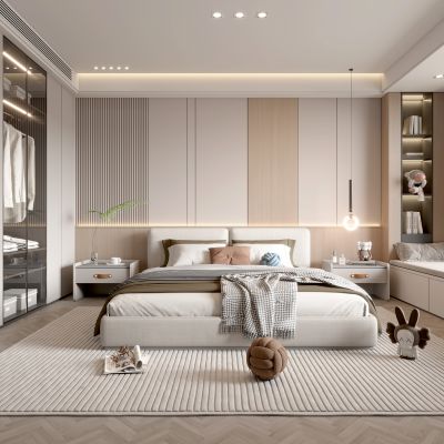 现代家居卧室 简约卧室 双人床 衣柜 主卧 床头柜 轻奢 奶油风