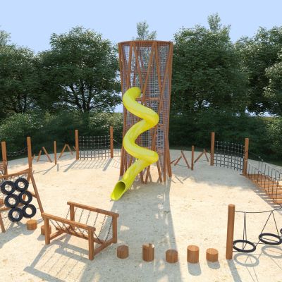 现代儿童丛林茅草木制攀爬_树屋_拓展_木制塔楼3D模型