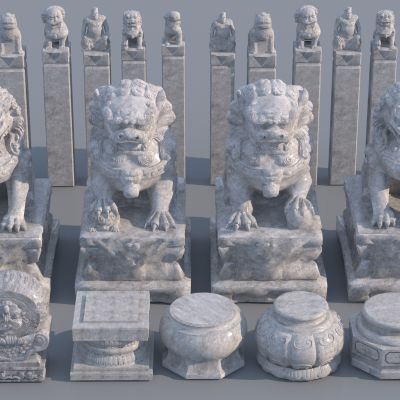 新中式石头狮子雕塑3D模型