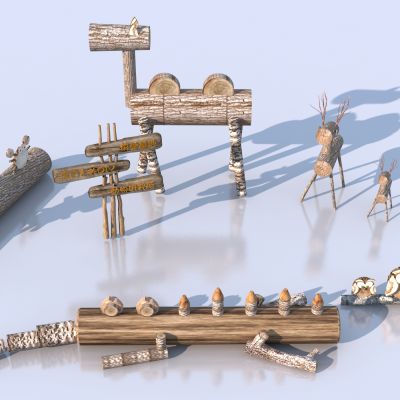 现代木头diy_废旧木头动物_乡村民俗小品3d模型
