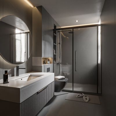 现代卫生间 马桶 浴室柜 洗脸盆 智能镜 玻璃隔断