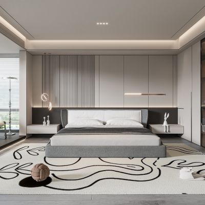 现代卧室 双人床 饰品 床头灯 造形吊顶 造型衣柜