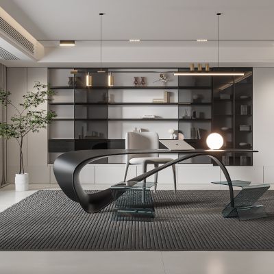 现代书房 书柜 书桌 椅子 装饰品