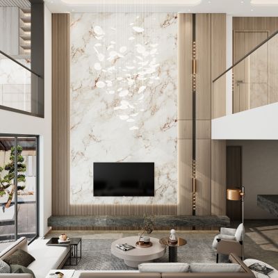 新中式轻奢风别墅跃层电视背景墙