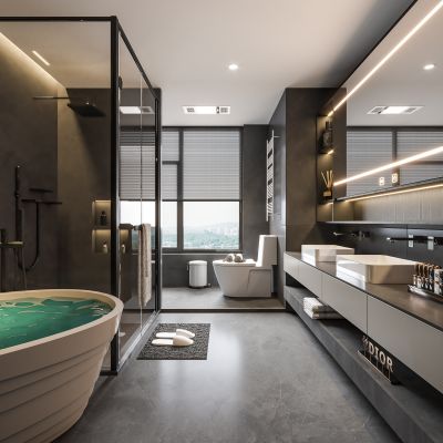 现代卫生间 马桶 浴室柜 洗脸盆 智能镜 浴缸 玻璃隔断