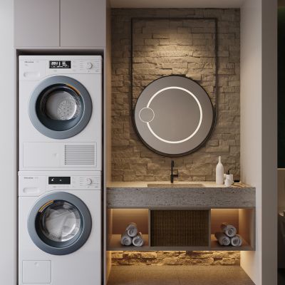 现代侘寂风简约卫生间，洗漱台，特色镜子，摆件