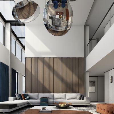 现代别墅客厅 沙发组合 休闲椅 绿植 地毯 装饰画 摆件 吊灯