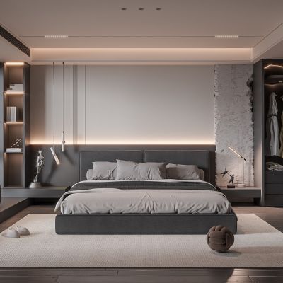 现代卧室 双人床 饰品 床头灯 造形吊顶 造型衣柜