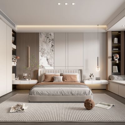 现代家居卧室 简约卧室 双人床 衣柜 主卧 床头柜 轻奢 奶油风