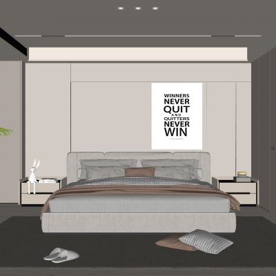 现代卧室 双人床 饰品 休闲椅 落地灯 无主灯造形吊顶 衣柜