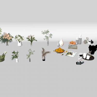 现代家居摆件饰品， 鲜花花瓶 ，现代玩偶， 水果盘 ，植物组合， 摆件组合3d模型组合