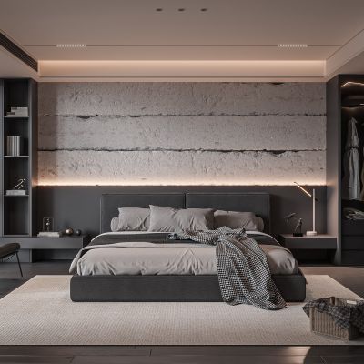 现代卧室 双人床 饰品 床头灯 造形吊顶 造型衣柜