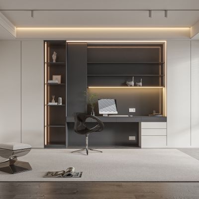 现代书房 书柜 书桌 椅子 装饰品