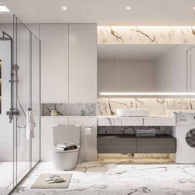 现代卫生间 马桶 浴室柜 洗脸盆 智能镜 玻璃隔断 洗衣机