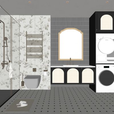 法式卫生间 现代卫生间  马桶 浴室柜 洗脸盆 镜子 玻璃隔断 洗衣机 烘干机