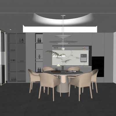 现代餐厅  吊灯  餐桌椅  装饰柜  厨房