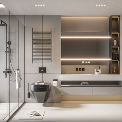 现代卫生间 马桶 浴室柜 洗脸盆 智能镜  玻璃隔断