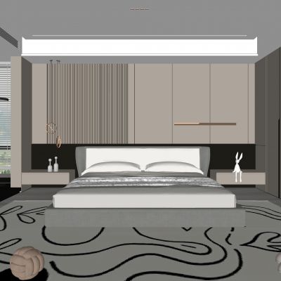 现代卧室 双人床 饰品 床头灯 造形吊顶 造型衣柜