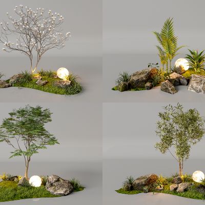 现代夜景组团小景模型  现代植物堆 球形景观灯 草花植物 景观石模型组合